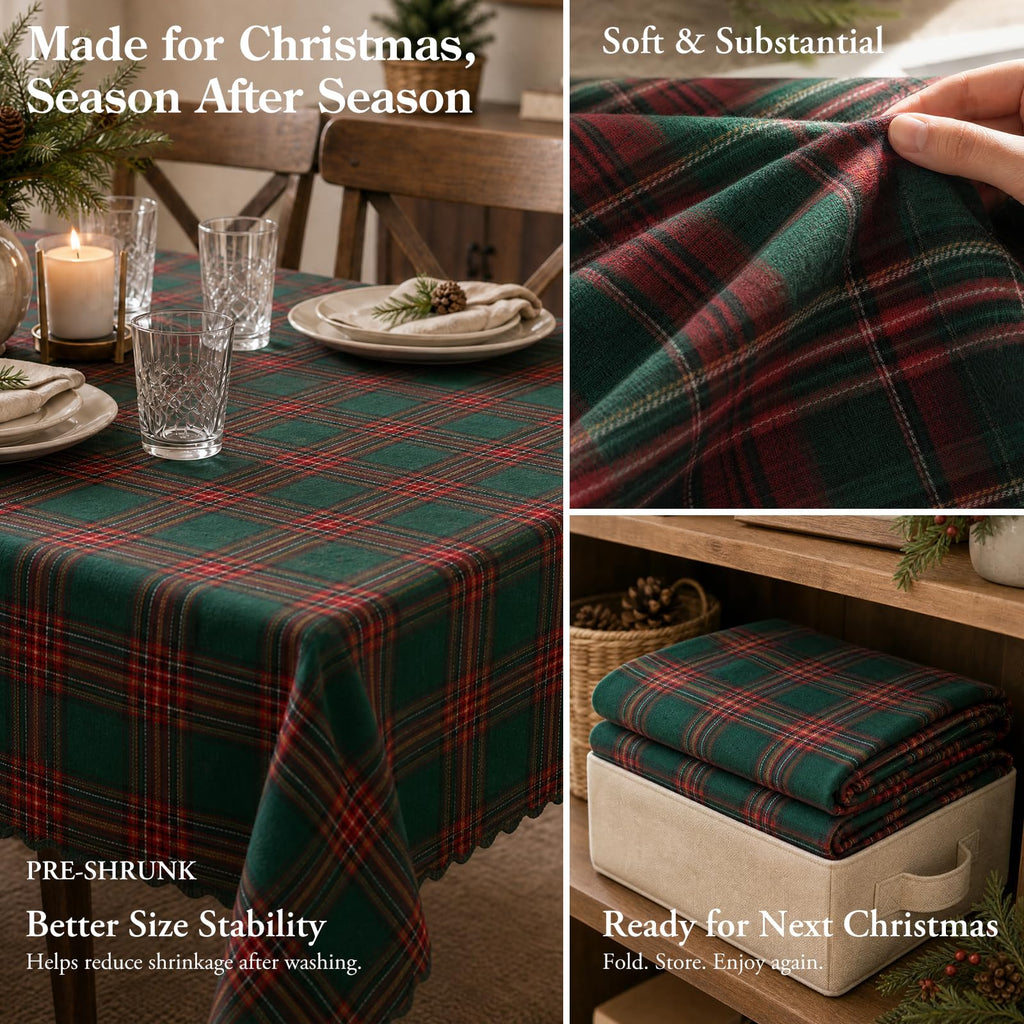 Christmas Tartan Plaid Rectangle Tablecloth for 6 Foot Rectangle Tables, 55 X 84 Holiday Red Forest Green Vintage