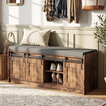 42" Farmhouse Shoe Storage Bench with Seating Cushion