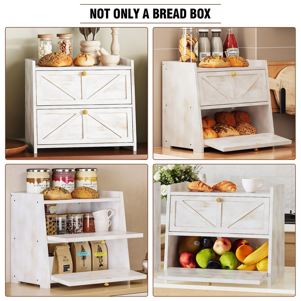 Vintage Double Layer Counter Bamboo Bread Storage Container Large Capacity Bread Storage Bin (Antique White)