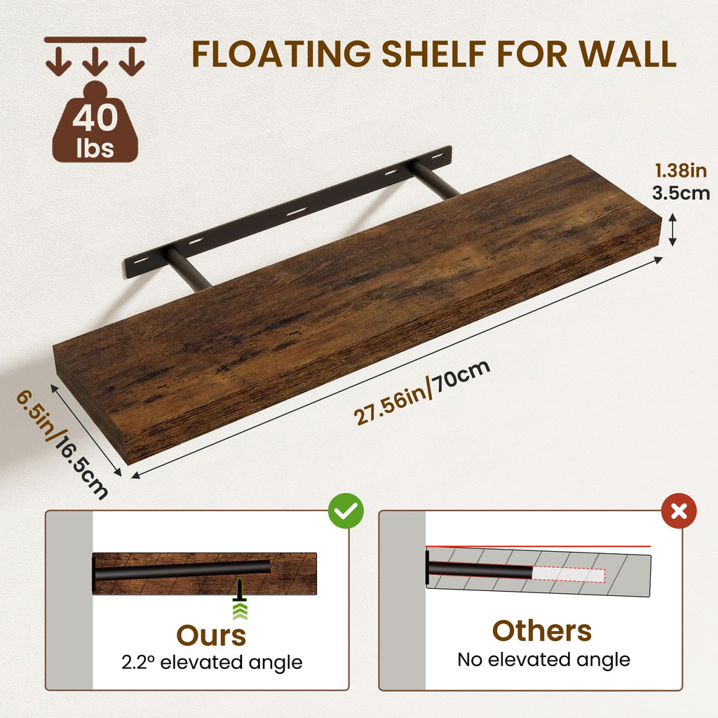 Floating Shelves for Wall, 28 Inch Wall Mounted Storage and Display Set of 2 Rustic Brown
