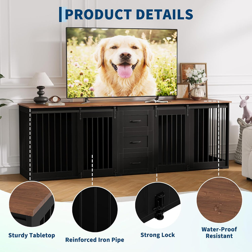 Large Dog Crate Furniture, Farmhouse Double Dog Kennel TV Stand w/ 3 Drawers