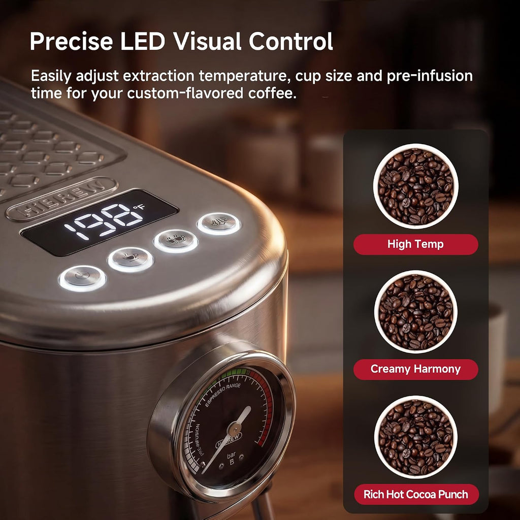 H10B Programmable Espresso Machine with LED Display & Pressure Gauge | 20 Bar Compact Stainless Steel Coffee Maker