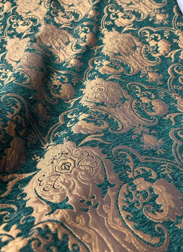 Damask, Chenille, Upholstery, Drapery Fabric, Sold By the Yard 58" Wide (Hunter/Gold)