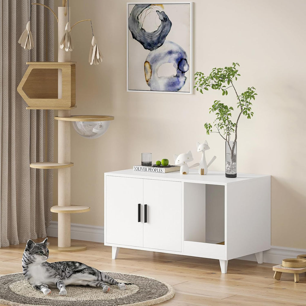 Cat Litter Box Enclosure, 33.5" Wood Hidden Litter Cat House with Scratching Mat, Double Cabinet Doors, White