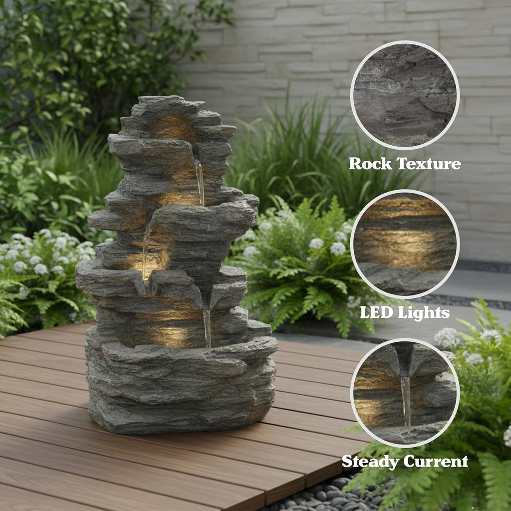 Tabletop Waterfall Fountain with Cascading Rock and LED Lights - Resin Tiered Stones Decor by (Gray)