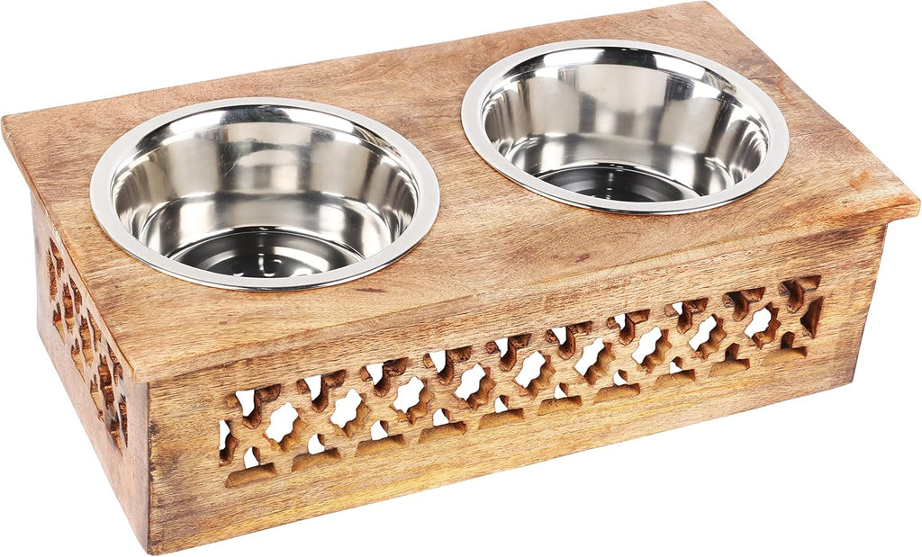 Wooden Elevated Pet Feeder Station with 2 Stainless Steel Bowls | Raised Dog & Cat Feeding Stand | Food & Water Bowl