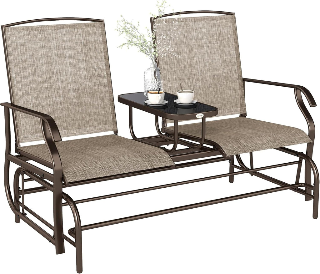 Outdoor Glider Bench with Center Table Metal Frame Armrests Brown | Patio Loveseat, Breathable Mesh Fabric, for