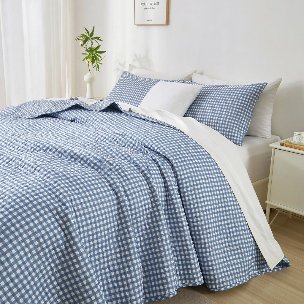 Blue Gingham Quilt Bedding Set, Vintage Plaid Grid Bedspread Checkered Pattern Lightweight Comforter for