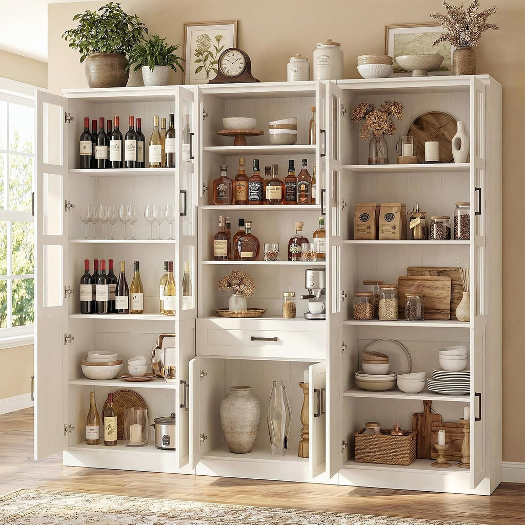 80" Tall Kitchen Pantry Storage Cabinet with Doors and Shelves | Freestanding Kitchen Hutch Pantry Cabinet with Glass