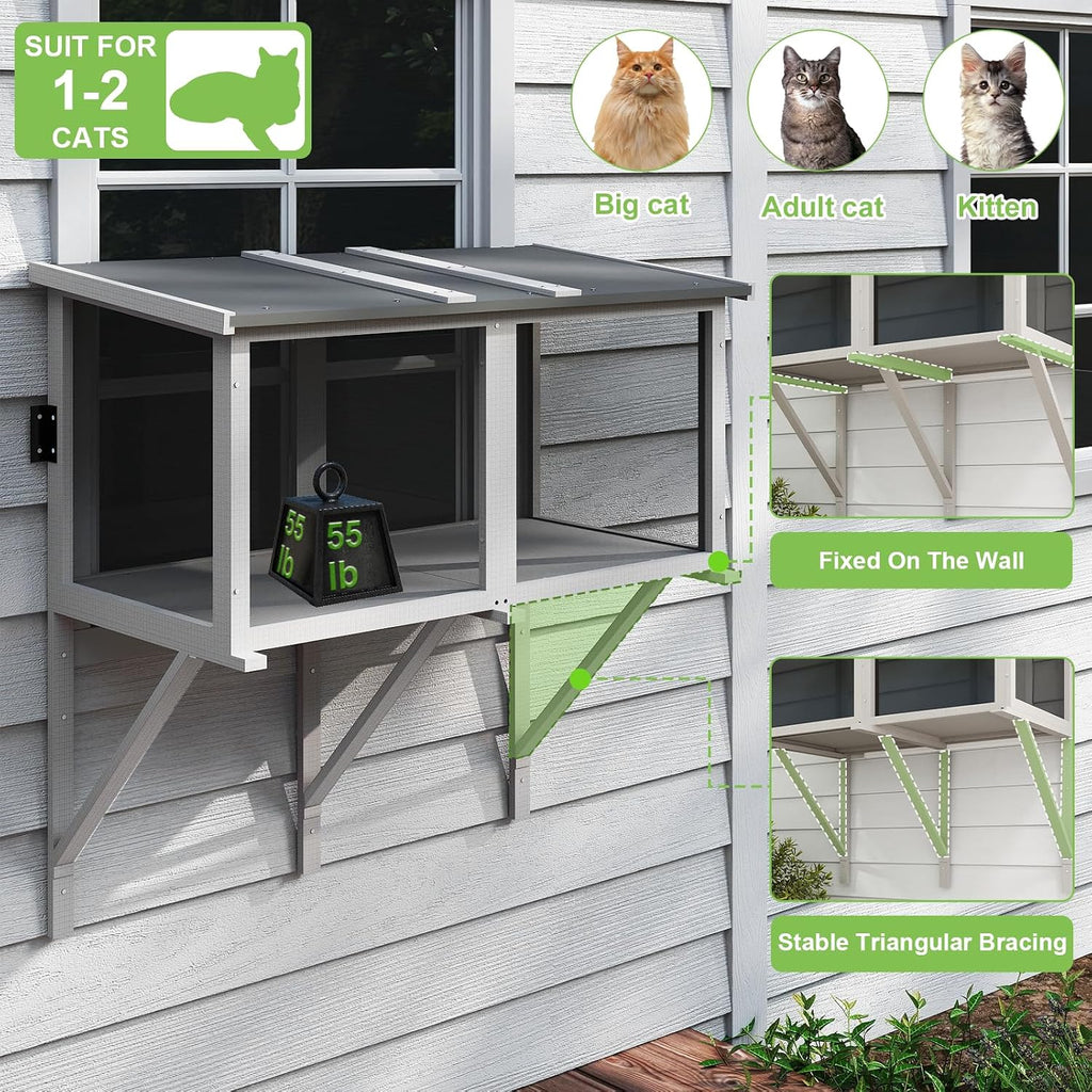 46.85" L Cat Window Box, Wooden Cat Window Enclosure for 1-3 Cats, Window Catio Outdoor Enclosure for Indoor Cats, Keep