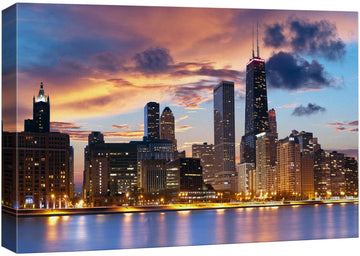 Canvas Print Wall Chicago City Sunset Night Skyline Architecture & Maps Cityscape Photography Realism Global Scenic