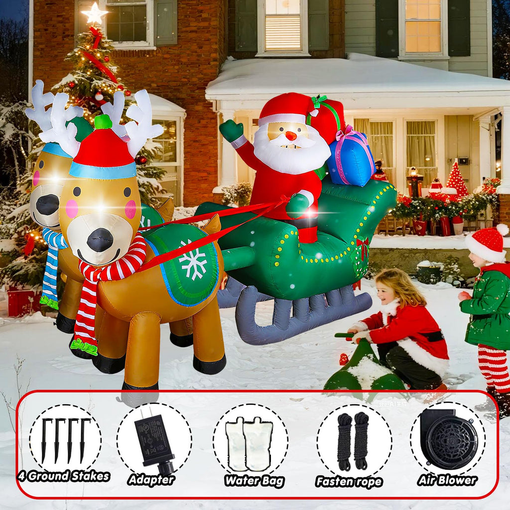 6.7FT Christmas Inflatable Santa Sleigh with Two Reindeer, Christmas Blow Up Yard Decorations, Outdoor Christmas
