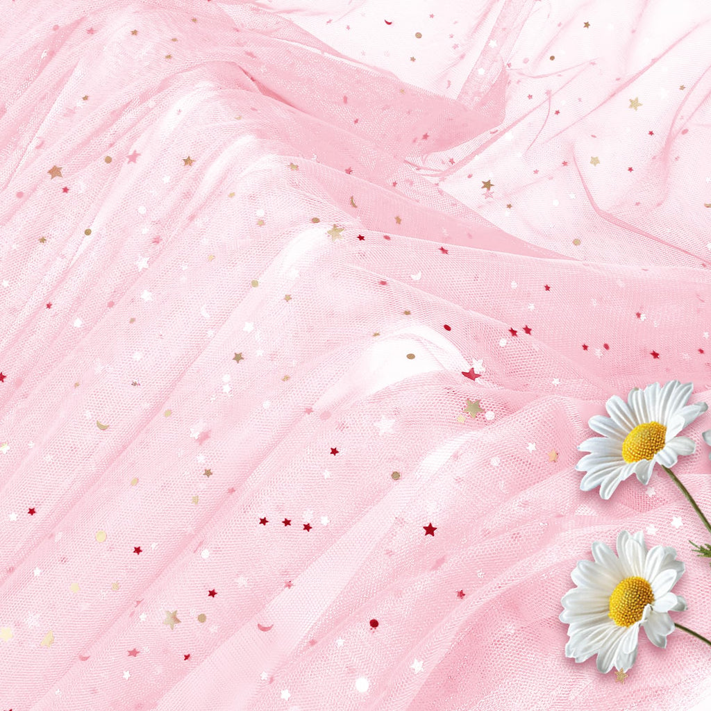 Light Pink Glitter Tulle Fabric Rolls, 3 Yard, Star & Moon Sequin