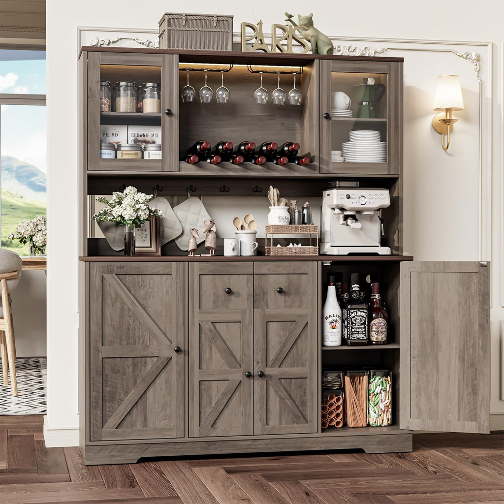 68" Tall Kitchen Pantry Storage Cabinet with Charging Station, 55" Wide Kitchen Hutch Cabinet with Large Countertop
