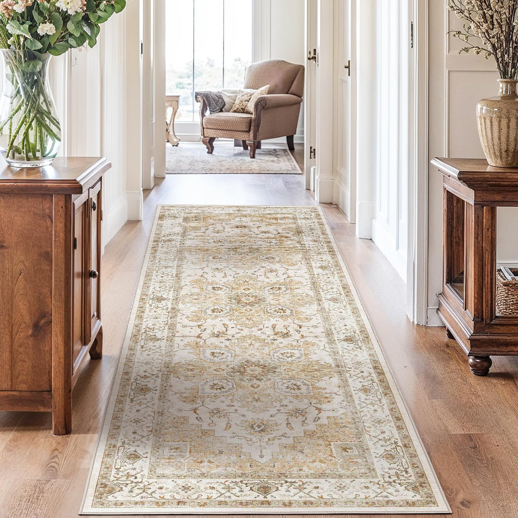 Washable Runner Rug, Beige, Vintage Style