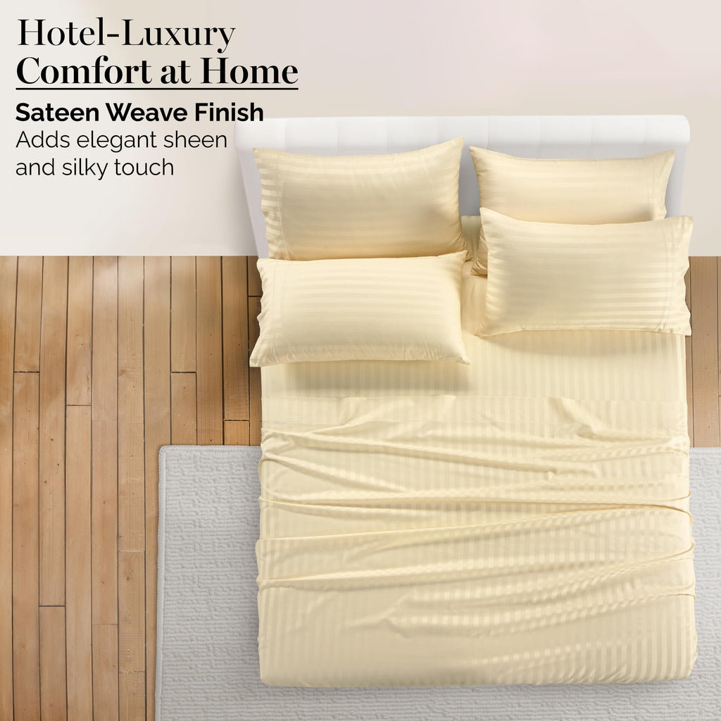 100% Egyptian Cotton Sheets Full Size Set - 6 Pieces - Damask Stripe- Ultra Smooth Sateen Weave Bed Sheets Set with