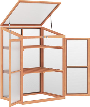Mini Wooden Greenhouse, Outdoor Gardening Polycarbonate Small Green House with Openable Roof Vent and Shelves, Cold