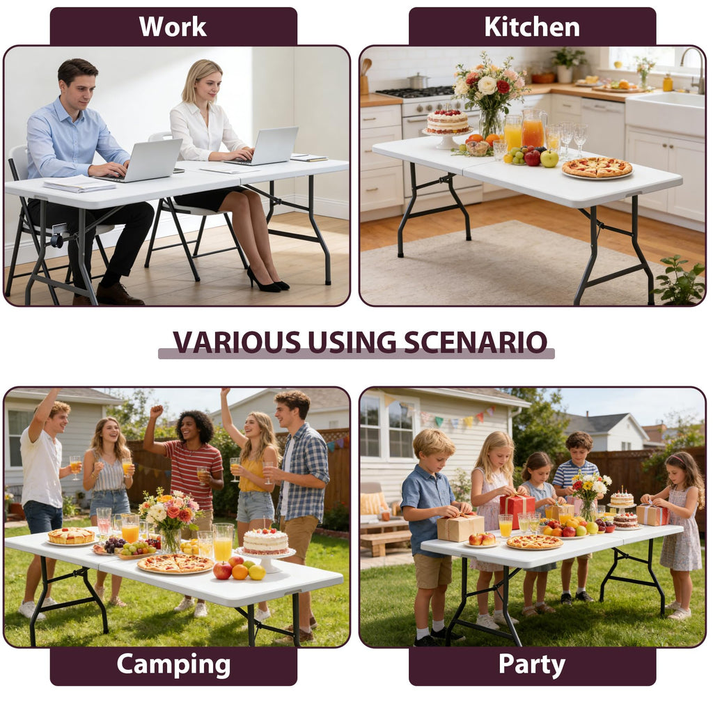 Indoor Outdoor 8ft Heavy Duty Folding Table - Portable Plastic Top w/Steel Legs & Handle for Camping, Picnics