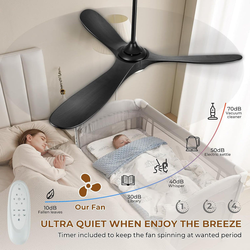 Inspired Maverick Style 52" Wood Ceiling Fan with Light and Remote, 3 Matte Black Blades, Reversible DC Motor, Indoor/Outdoor - Matte Black