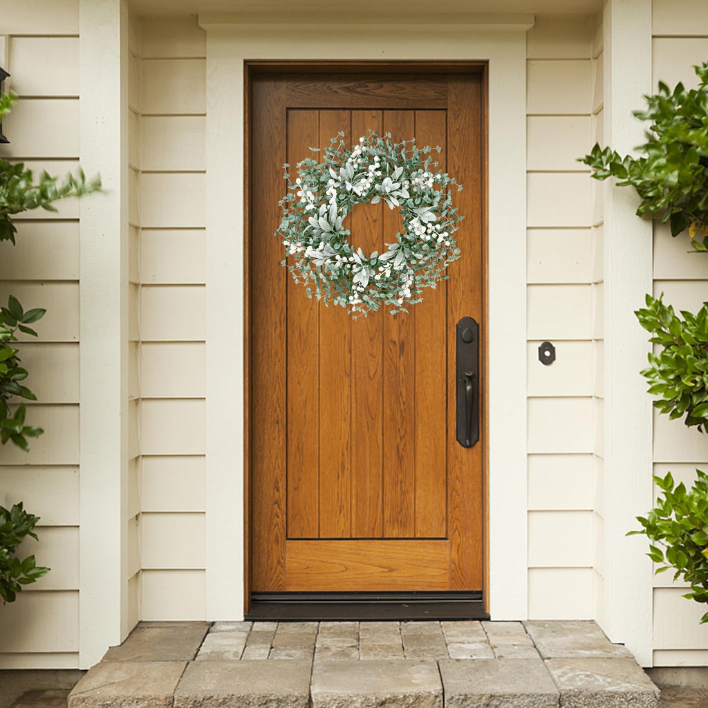 Artificial Greenery Leaves Wreath for Front Door 22 Inch Greenery Boxwood Wreath with Flocked Lambs Ear White Berries