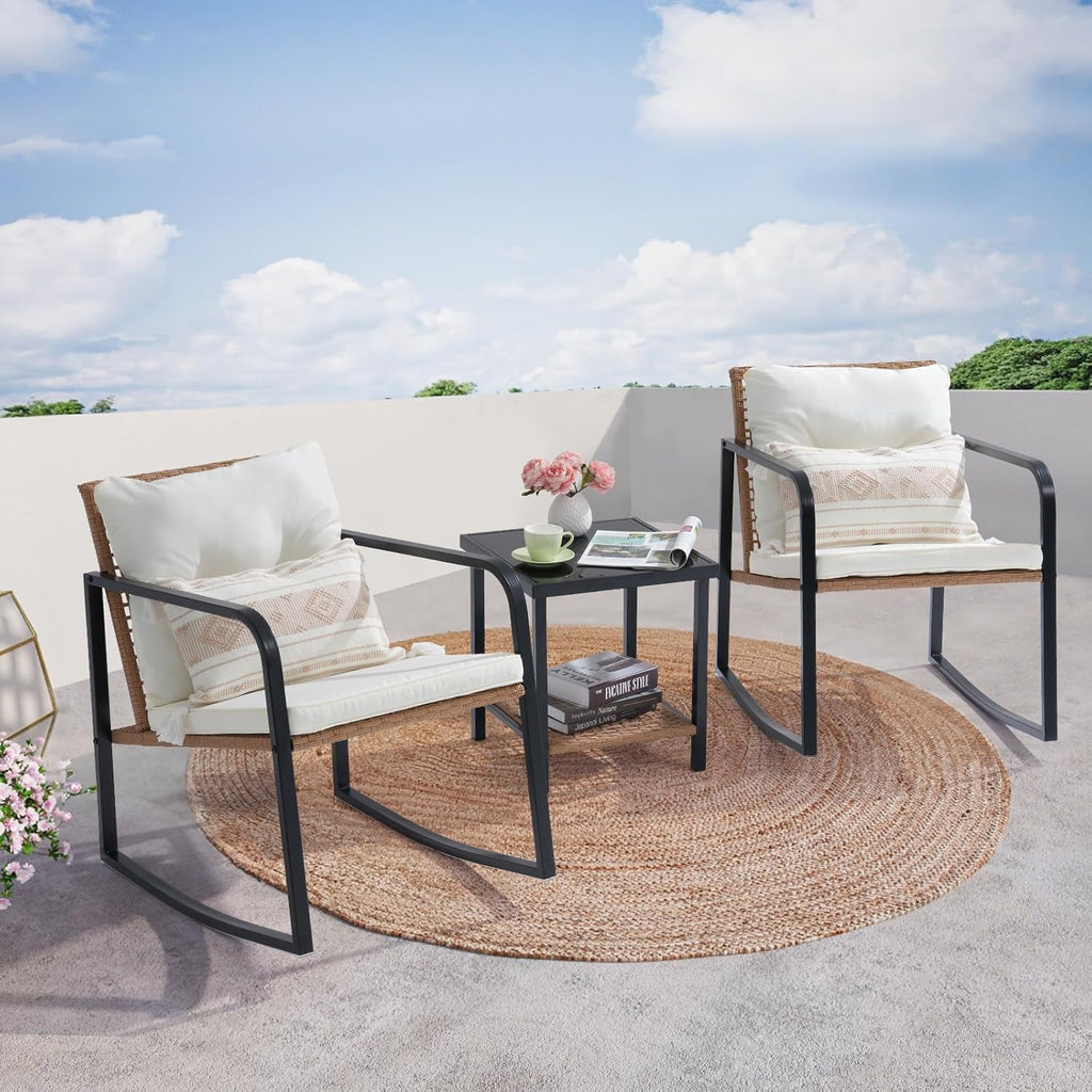 3-Piece Rocking Bistro Set, Small Wicker Patio Furniture Set | Outdoor Patio Rocking Chairs Set, 2-Tier Coffee Table