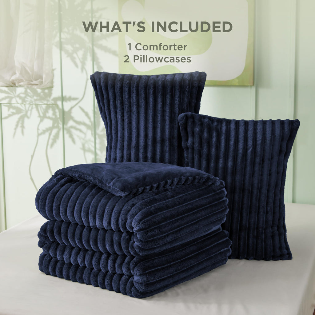 Fluffy Comforter Set, Cozy Fleece Navy Bedding