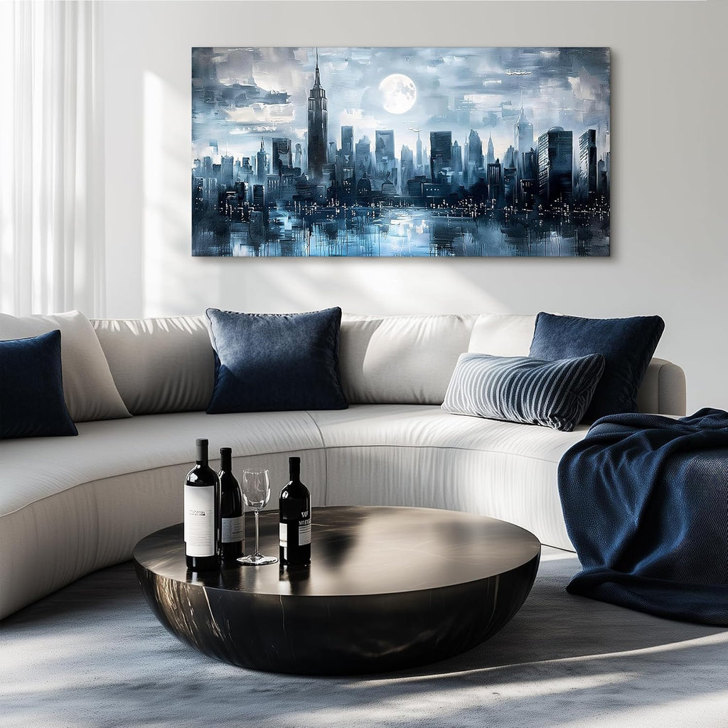 New York Skyline Wall Art Prints, City Night Landscape Large Canvas Painting, Abstract Urban Architecture Aesthetic