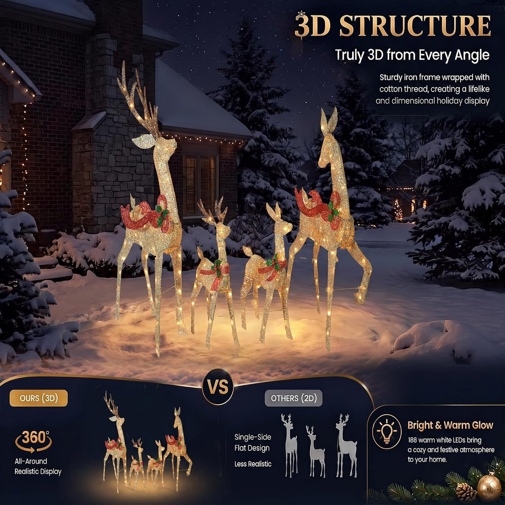 58" 4-Piece 3D Lighted Christmas Deer Family Outdoor Decorations, Large Gold Reindeer Set with 188 Warm White Lights