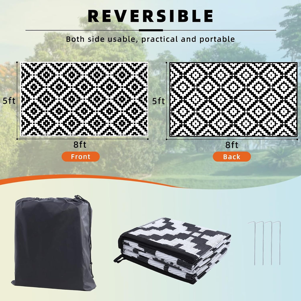 Outdoor Rug Black & White Waterproof Reversible Carpet Mat