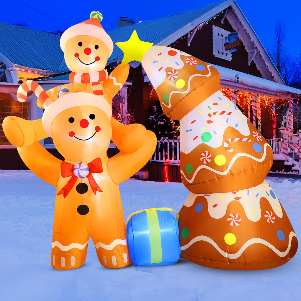 7.2 FT Christmas Inflatables Yard Decorations Outdoor Gingerbread Man and Christmas Tree Inflatables Decorations