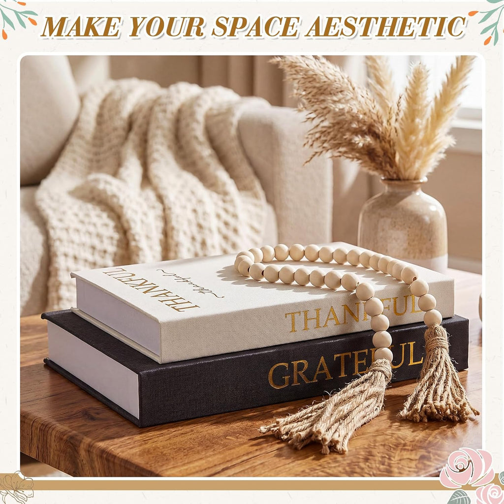 Linen Decorative Books with Wooden Beaded Garland Tassel Elegant Linen Books Aesthetic Gold Foil Fake Book - Set of 2