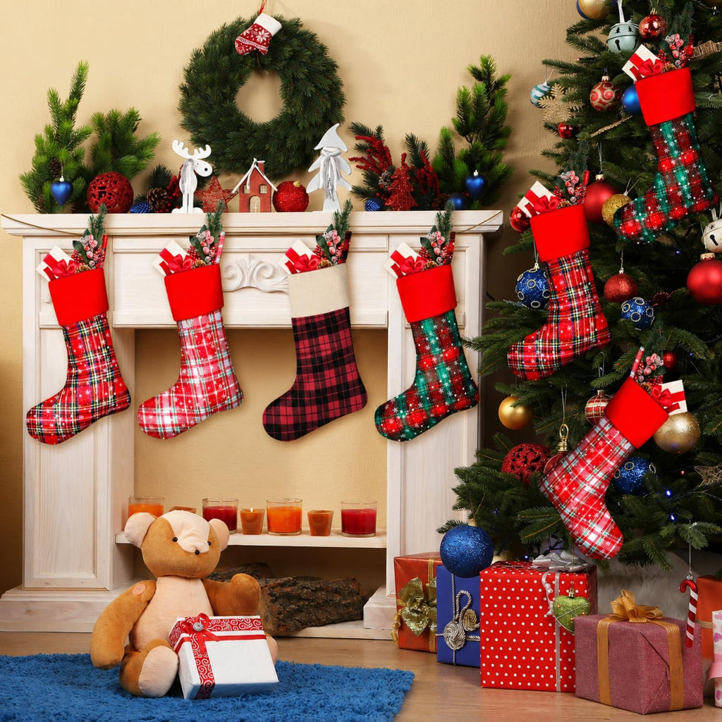 4 Pack Buffalo Plaid Christmas Stocking, 20 Inch Large Burlap Snowflake Christmas Stockings, Fireplace Hanging
