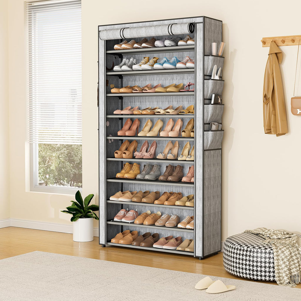 Tall Shoe Rack with Cover, 10 Tier Shoe Organizer Storage for 50-55 Pairs Shoes and Boots Large Capacity Shoe Shelf
