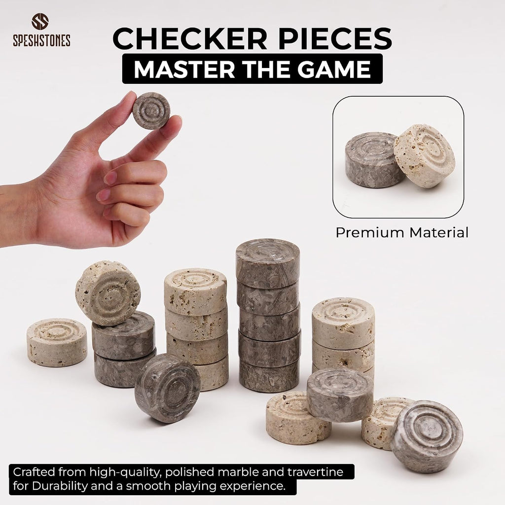 Marble Checkers Set 15 Inches Handmade Travertine & Oceanic