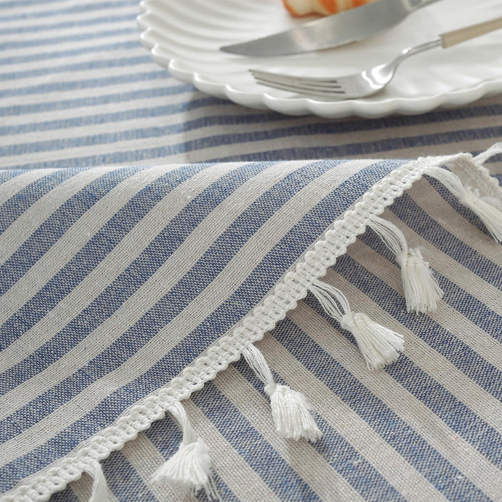 Table Cloth Blue Striped Tablecloth Tassels Cotton Linen Dust-Proof Table Cover for Dining Coffee Buffet Kitchen