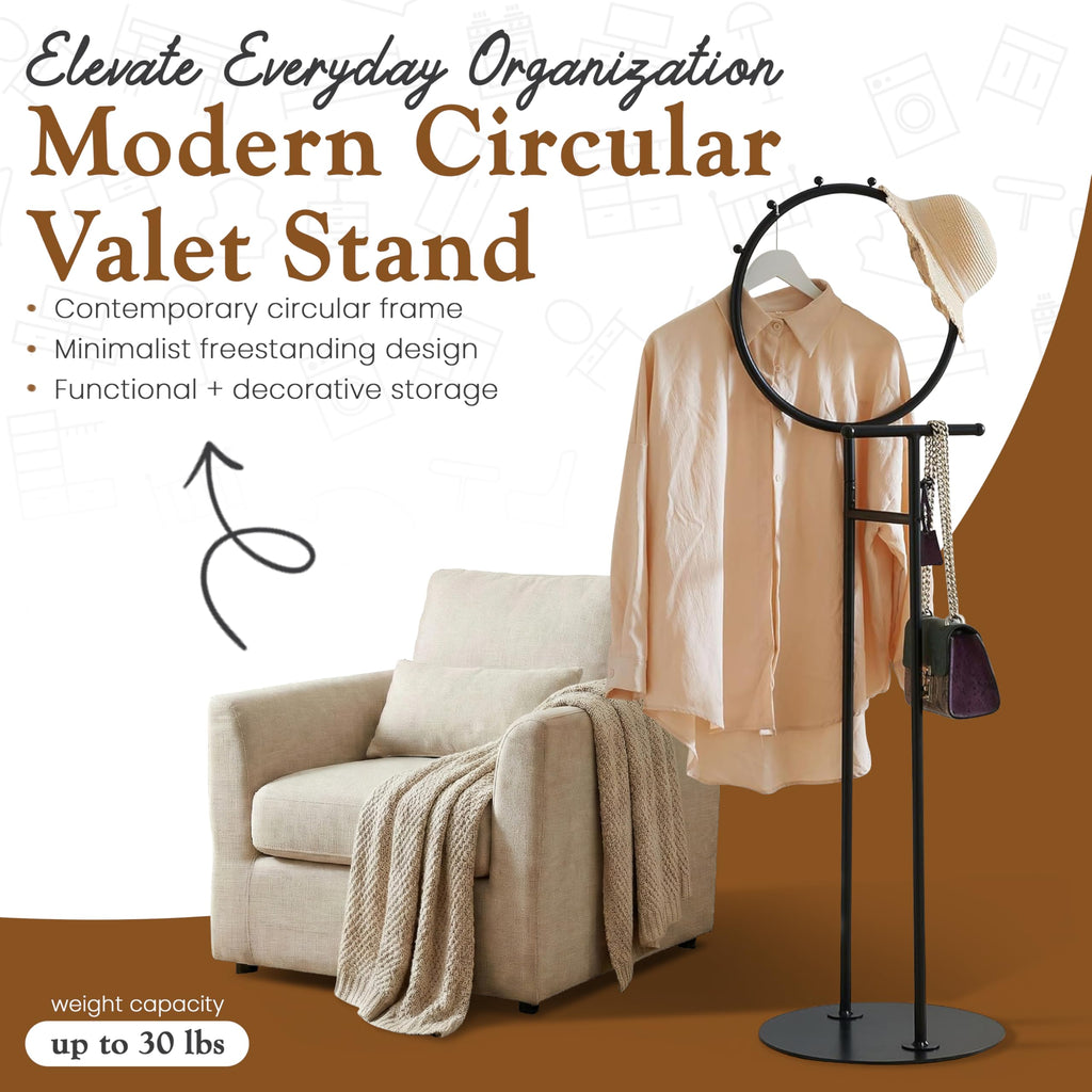 Cheska Suit Valet Stand with Circular Frame - Tie Jacket Clothes Hooks, Freestanding Clothing Organizer, Black