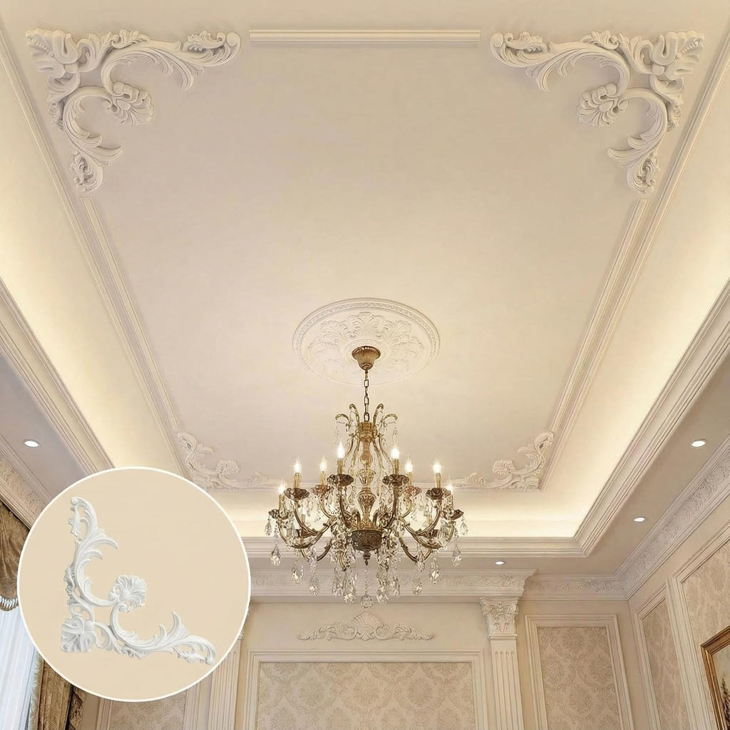 4-Pack PU Ceiling Molding Kit, 14x14 Inch French Style Corners, Decorative Wall Panels with Flowers Pattern for Accent