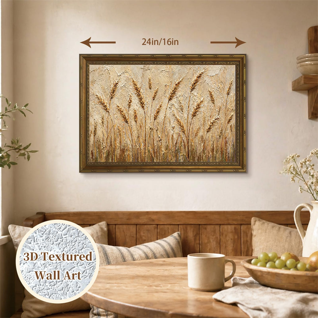 Textured Golden Wheat Ears Vintage Farmhouse Wall Art Room