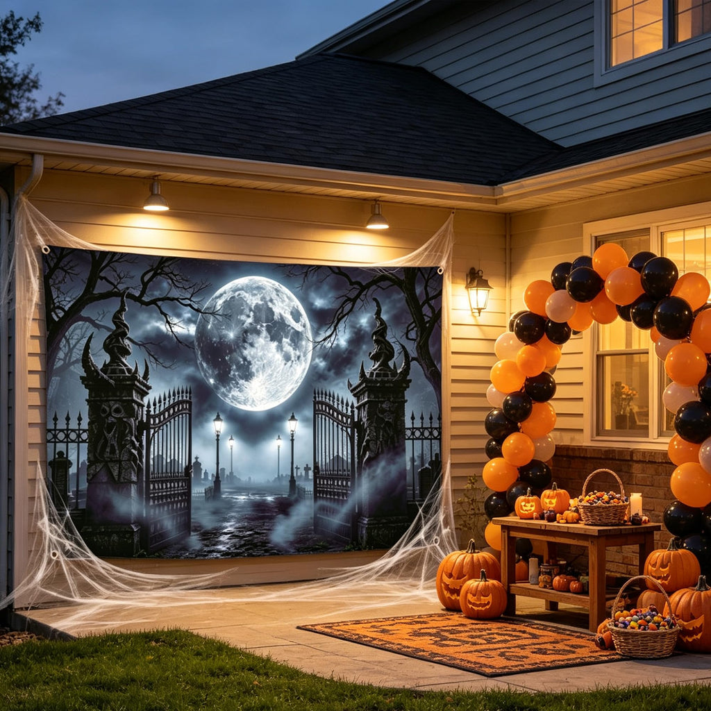 Halloween Backdrop 8x6FT with Spider Web Kit, Graveyard Cemetery Banner