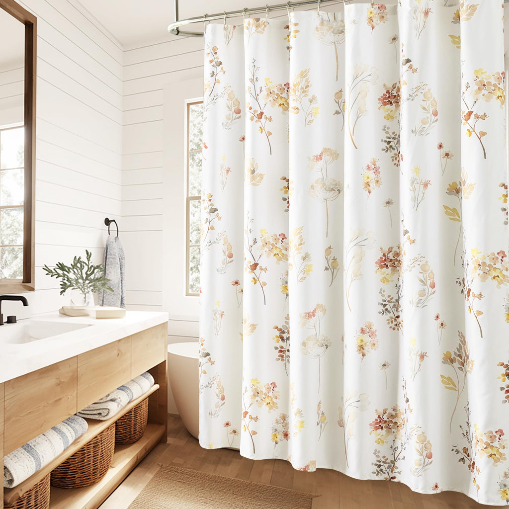 Fall Shower Curtain, Burnt Orange Terracotta Rust Brown Fabric Boho Rustic Farmhouse Cute Floral Leaf Autumn Shower