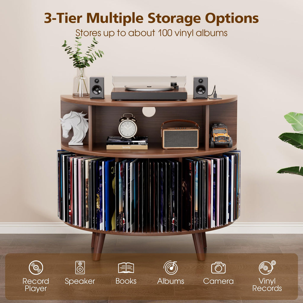 31.5" Record Player Stand with Power Outlet, Curved Vinyl Storage Cabinet