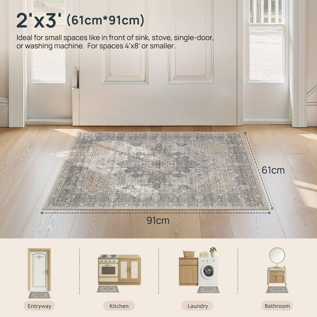 Area Rug 2x3 Doormat - Washable Vintage Oriental Farmhouse Soft Thin Indoor Carpet Bedroom Hallway Entryway Kitchen