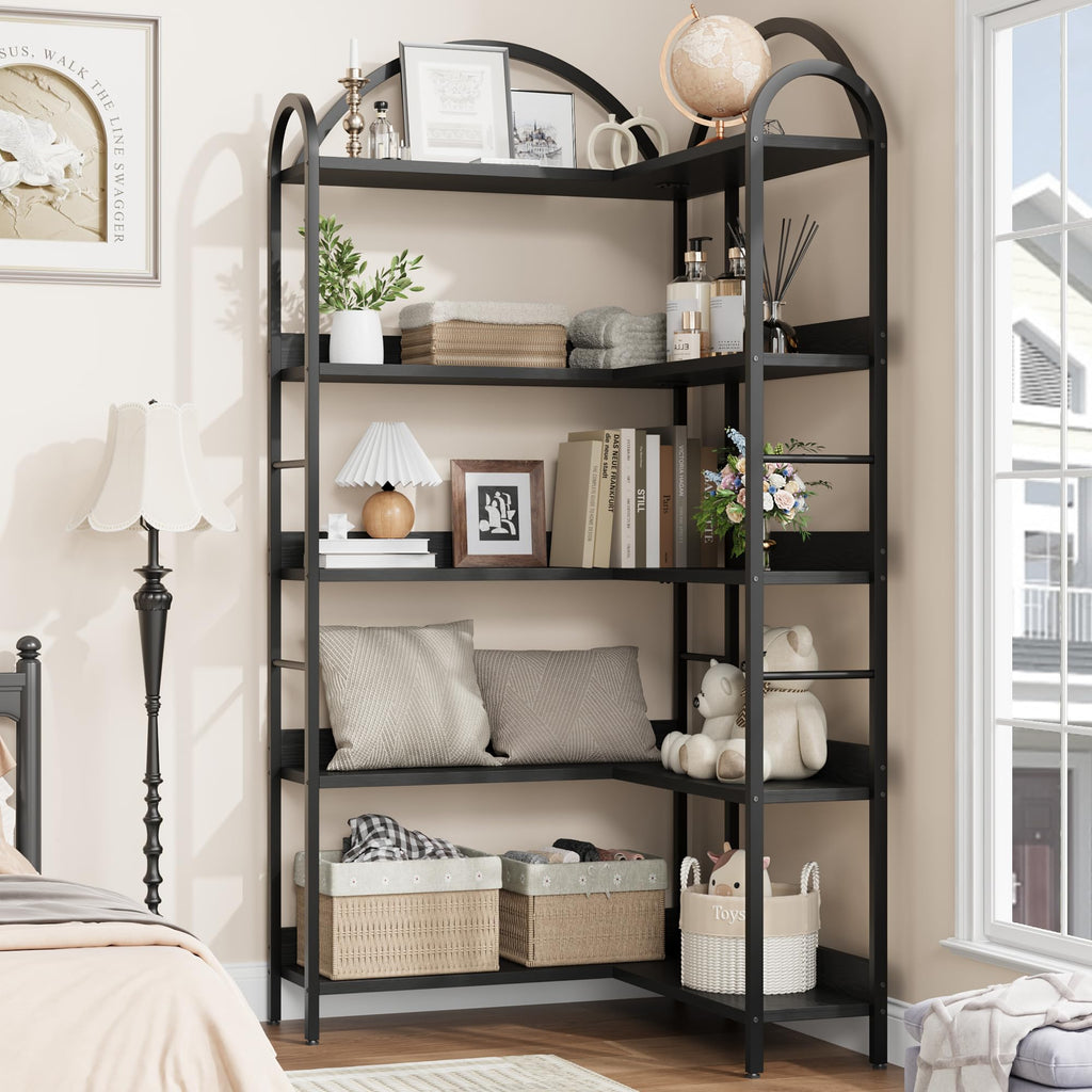 Arched Bookshelf Corner Bookcase, L Shaped Bookshelf Industrial Corner Bookshelves, Large Bookcase with Metal Frame