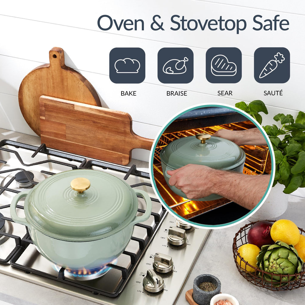 6-Piece Cast Iron Cookware Set, Ceramic Coated 6Qt Dutch Oven, 2Qt Skillet W/Lid, 10" Grill Pan W/Press, Non-toxic