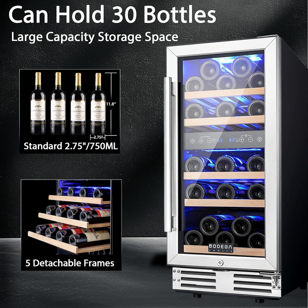 15 Inch Wine Fridge, 30 Bottles Dual Zone Wine Cooler, 41-68°F Wine Refrigerator