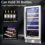 15” Wine Cooler, 30 Bottle Dual Zone Wine Fridge With Double-Layer Glass Door, F
