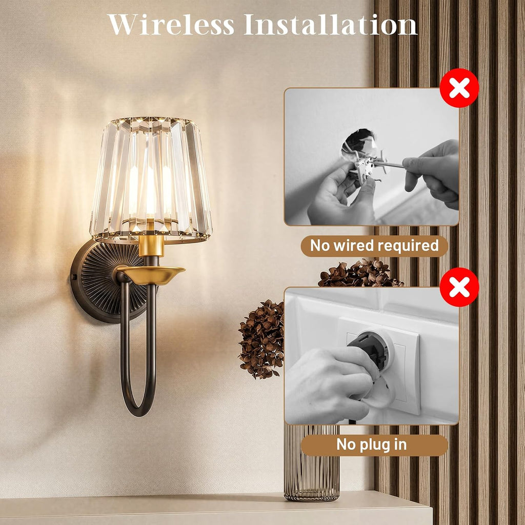 Black and Gold Battery Operated Wall Sconces Set of Two, Crystal Wireless Rechargeable Wall Lights with Remote
