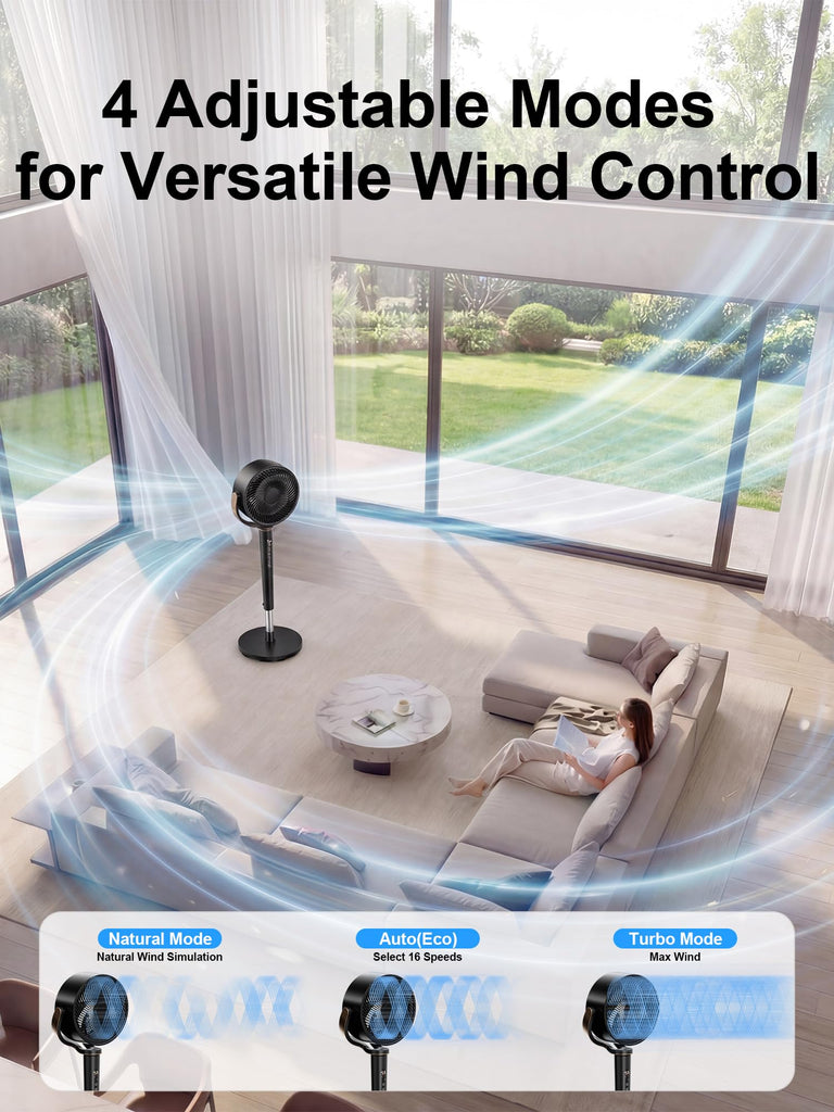 38-46" Pedestal Fan , 150+120°Omnidirectional Oscillating Standing Fan w/16 Speed & 4 Mode, Ambient Light, Quiet DC