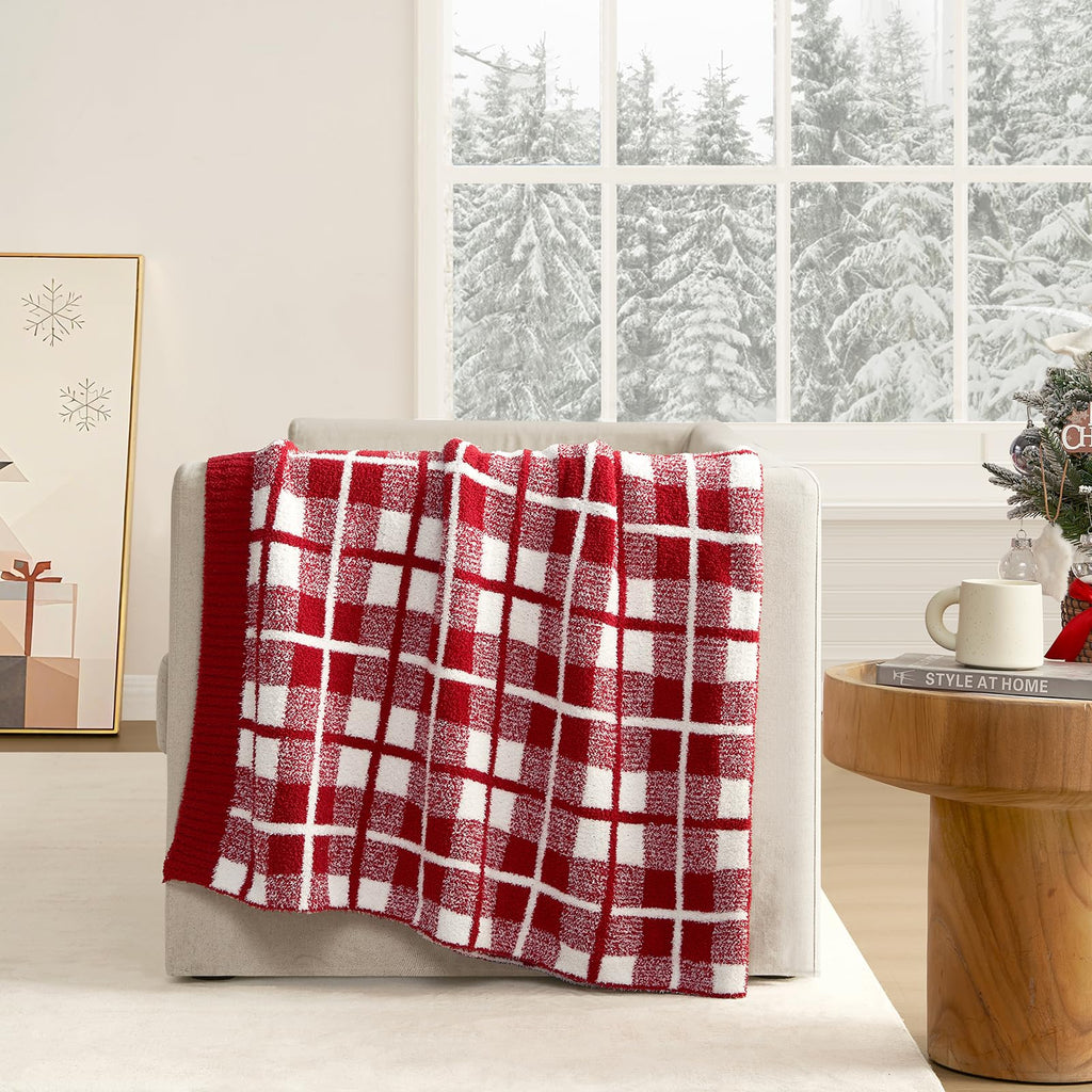 Red Checkered Throw Blanket for Couch, Super Soft Cozy Warm Christmas Red Blankets, Reversible Buffalo Plaid