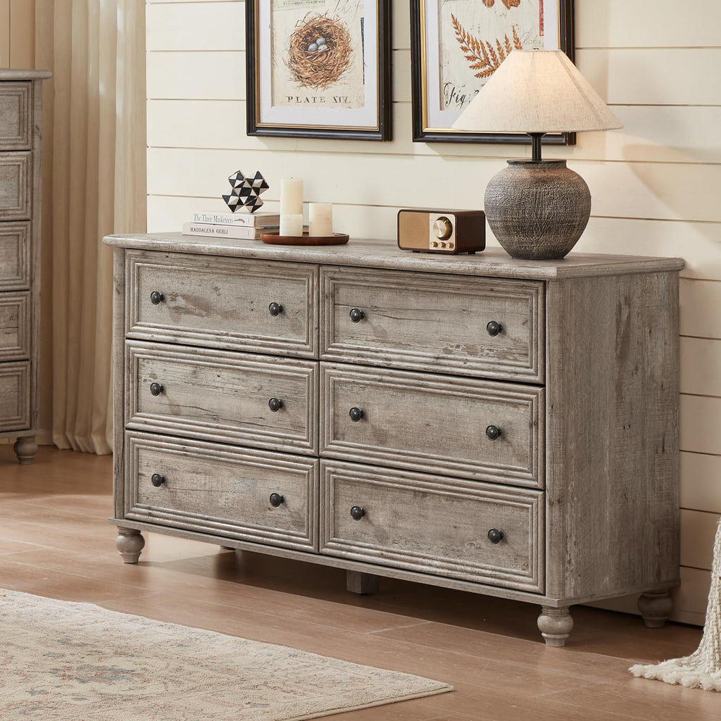 54" Dresser, Farmhouse 6 Drawers Dressers with Gourd Legs